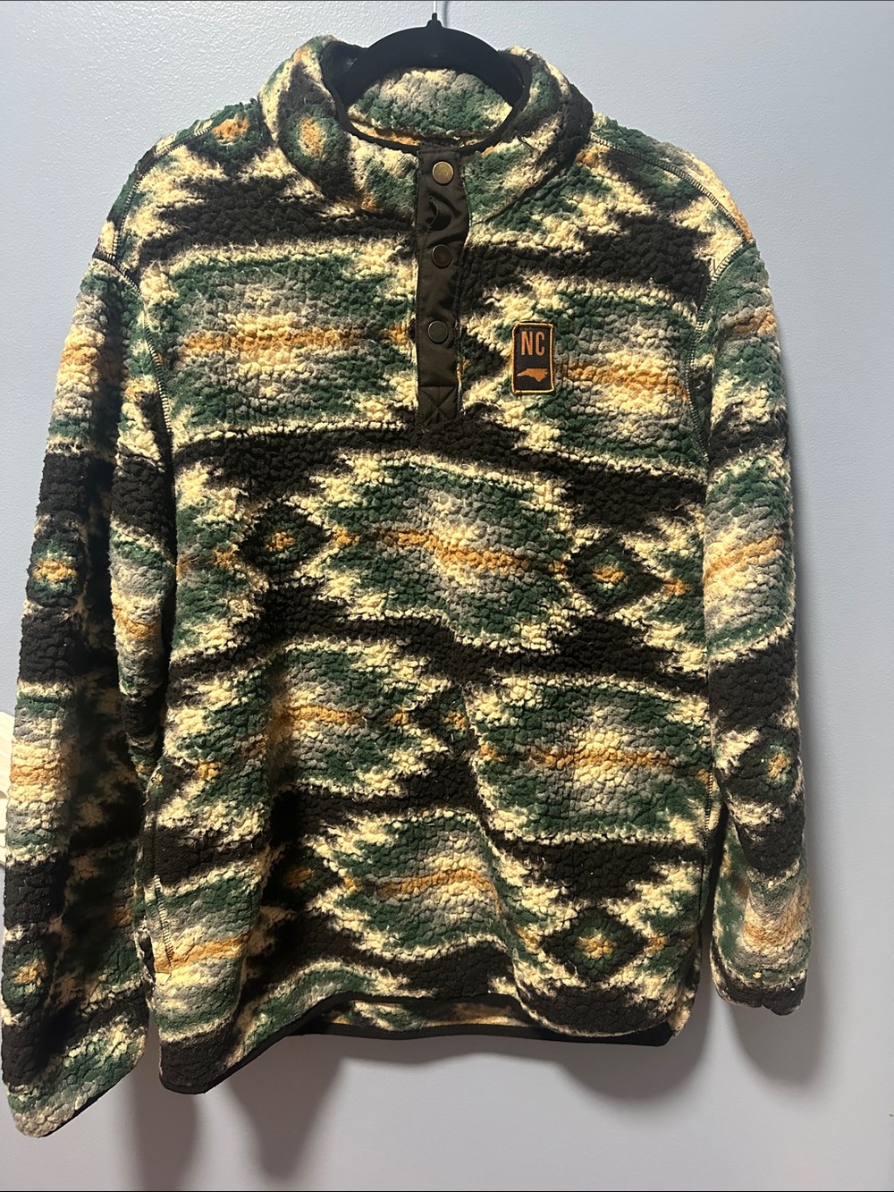 NC Patch Green & Cream Patterned Zip-Neck Sherpa Sweater